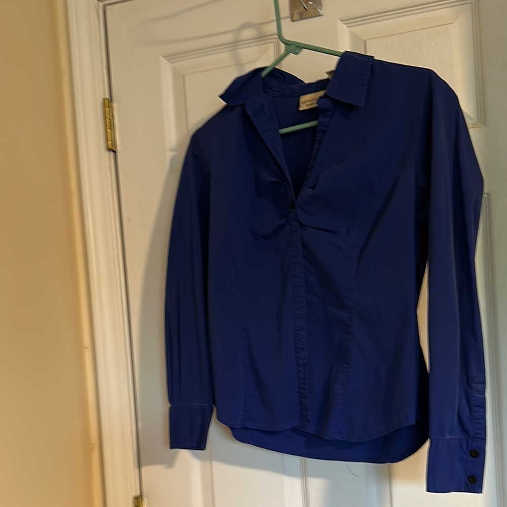 Apostrophe Blue Fitted 3/4 Sleeve Button Down Shirt
